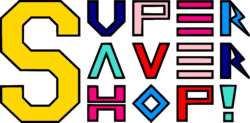 A colorful, geometric logo for "Super Saver Shop!". On the left is a dominant, large 'S' in gold. To its right are the remaining letters stacked in three lines: 'UPER' at the top, 'AVER' in the middle, and 'HOP!' at the bottom. The letters have a blocky, collegiate style with bold black outlines. Each letter has its own color (blue, pink, red, turquoise), and the 'R' letters are accentuated by a lightning bolt design.
