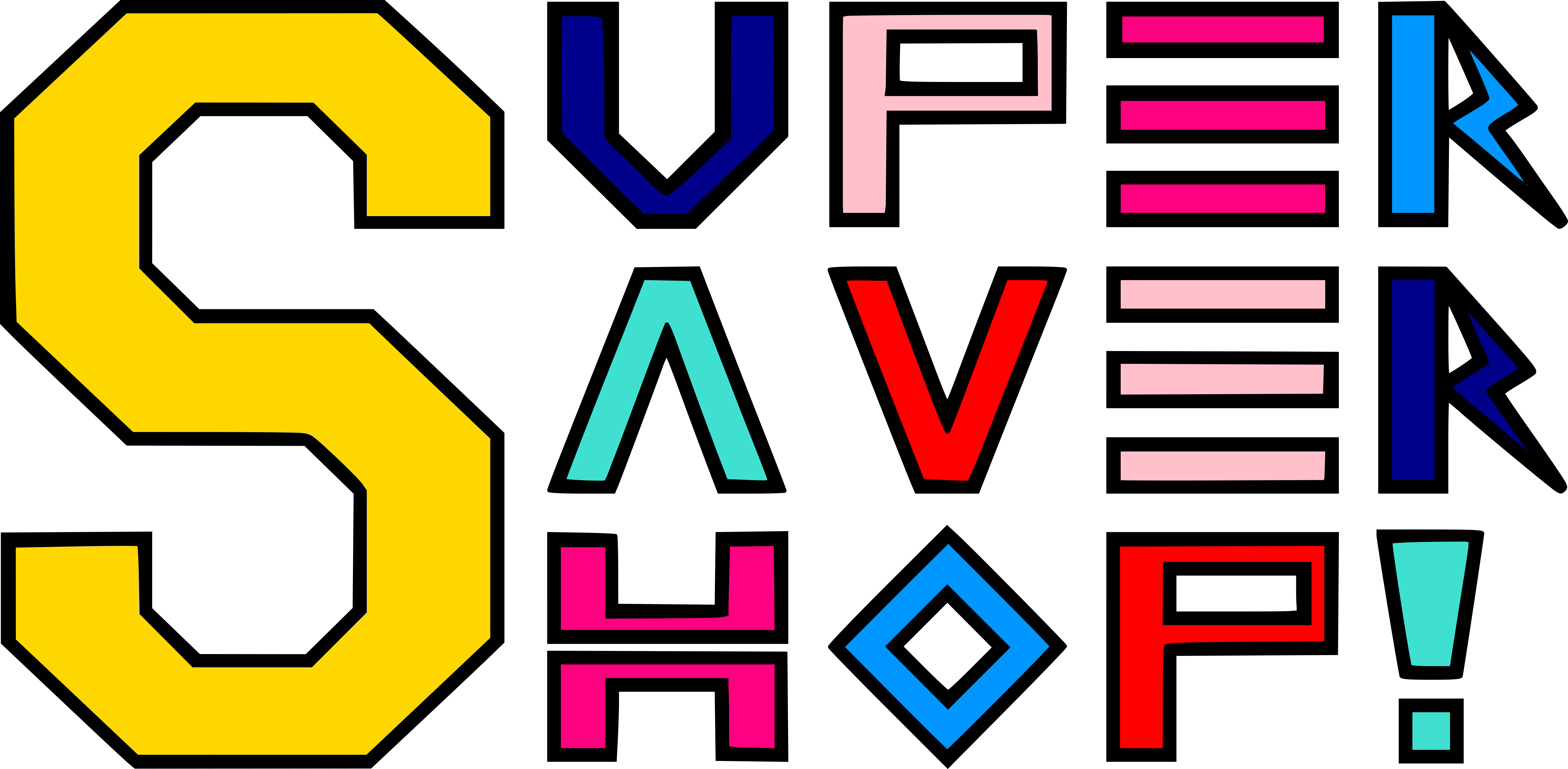 A colorful, geometric logo for "Super Saver Shop!". On the left is a dominant, large 'S' in gold. To its right are the remaining letters stacked in three lines: 'UPER' at the top, 'AVER' in the middle, and 'HOP!' at the bottom. The letters have a blocky, collegiate style with bold black outlines. Each letter has its own color (blue, pink, red, turquoise), and the 'R' letters are accentuated by a lightning bolt design.