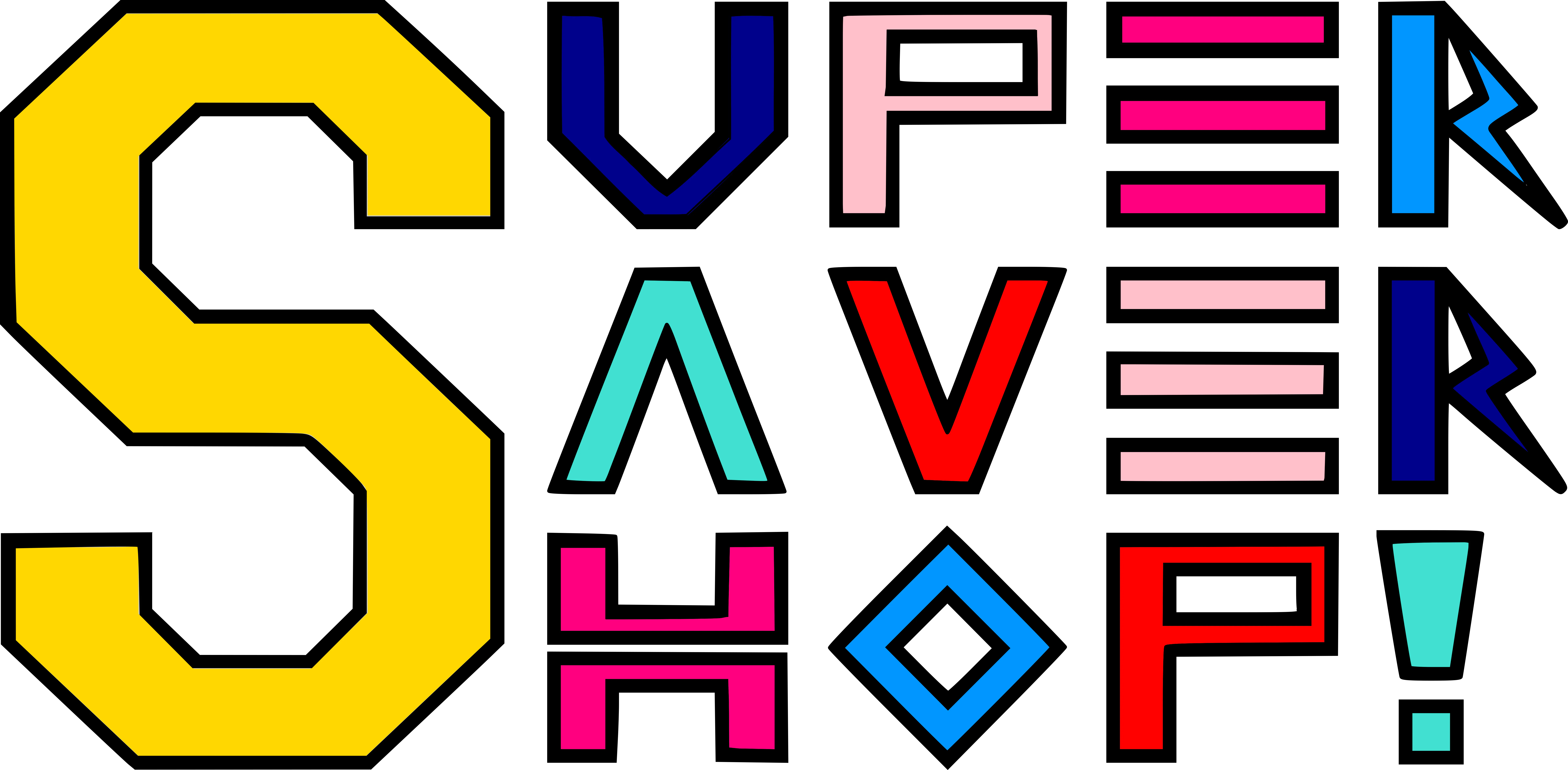 A colorful, geometric logo for "Super Saver Shop!". On the left is a dominant, large 'S' in gold. To its right are the remaining letters stacked in three lines: 'UPER' at the top, 'AVER' in the middle, and 'HOP!' at the bottom. The letters have a blocky, collegiate style with bold black outlines. Each letter has its own color (blue, pink, red, turquoise), and the 'R' letters are accentuated by a lightning bolt design.